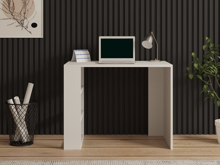 Hanah Home Mesa de Estudio Escandinava Blanca con Numerosos Estantes, 90x50x70 cm, Tablero Melamina 18mm